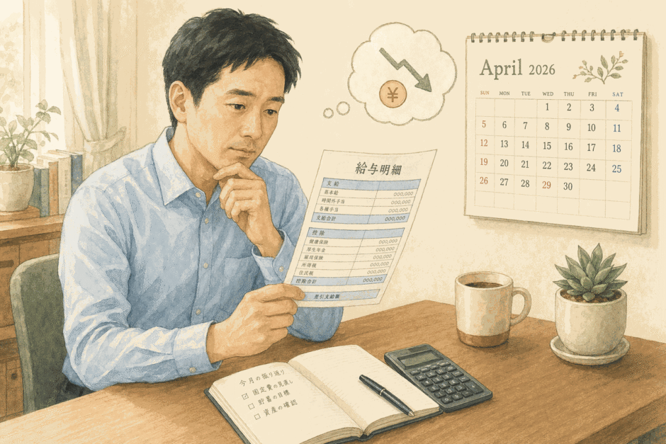 カレンダーと給与明細、電卓の前で手取りの変化を考え込む会社員のイラスト