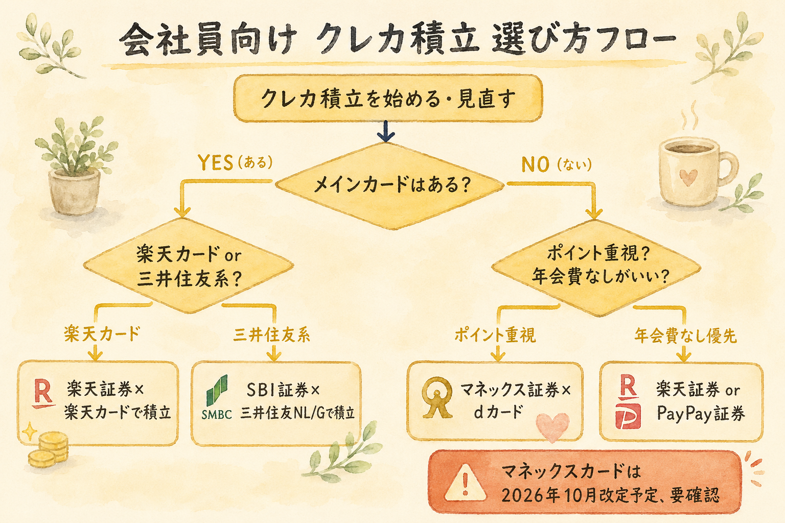 会社員向けクレカ積立選び方フローチャート。「メインカードはある？」を起点に、三井住友・楽天・dカード・PayPayカードの4パターンへ分岐する選択フロー図。
