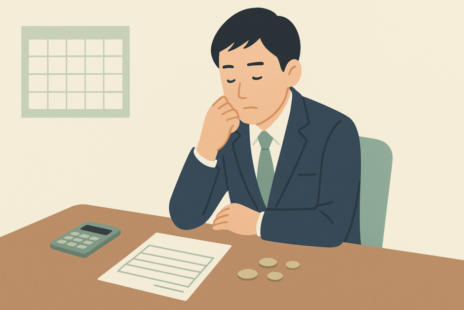 カレンダーと給与明細、電卓の前で手取りの変化を考え込む会社員のイラスト