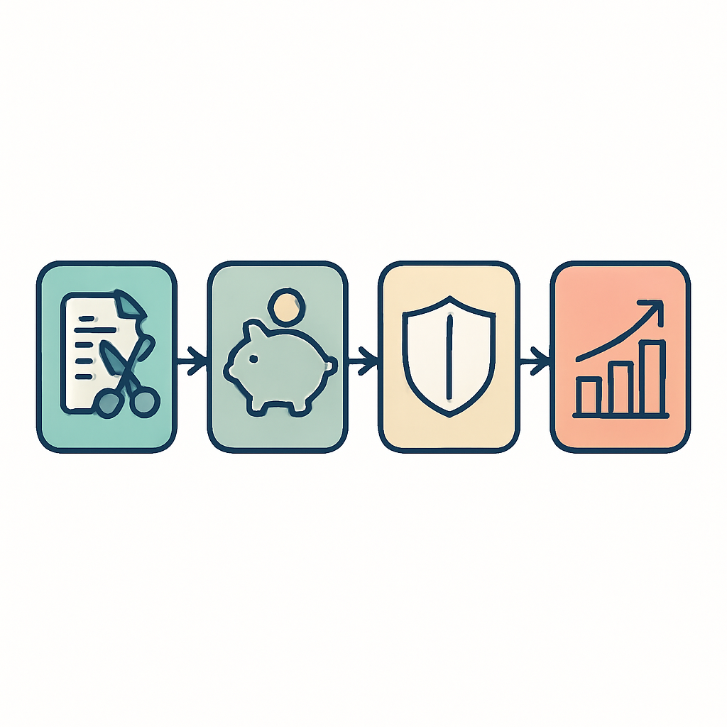 固定費削減・先取り貯蓄・生活防衛資金・新NISAとiDeCoの一気通貫フローを示した図