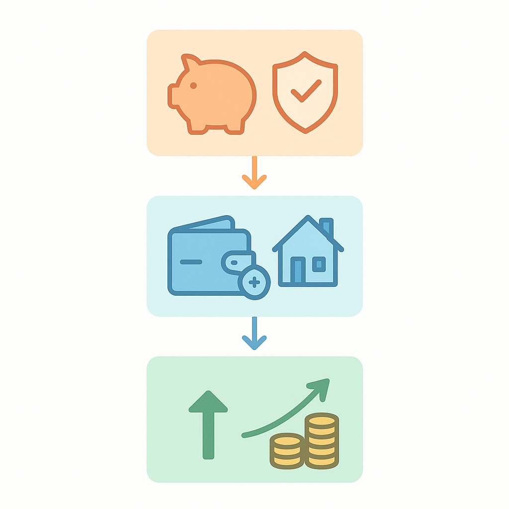 緊急予備資金の確保・生活費の差し引き・残りの10〜20%を積立に回す3ステップのフロー図