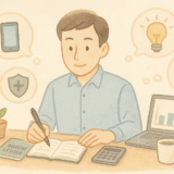 家計簿と電卓、ノートパソコンの棒グラフを前に固定費を考え込む会社員のイラスト