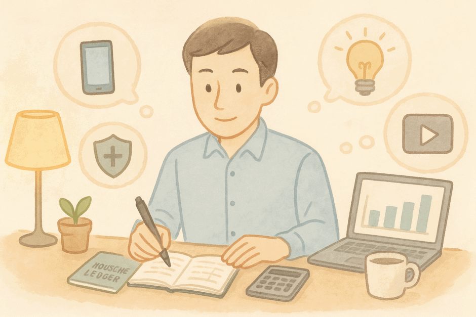 家計簿と電卓、ノートパソコンの棒グラフを前に固定費を考え込む会社員のイラスト