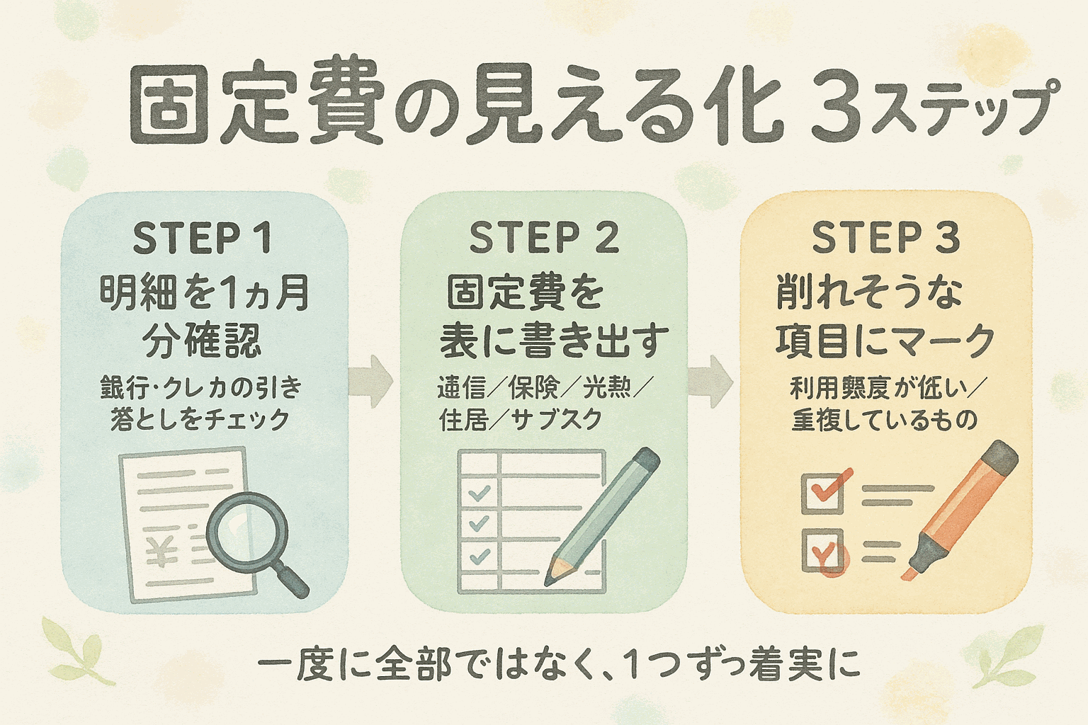 固定費の見える化3ステップ:明細を1か月分確認/固定費を表に書き出す/削れそうな項目にマーク