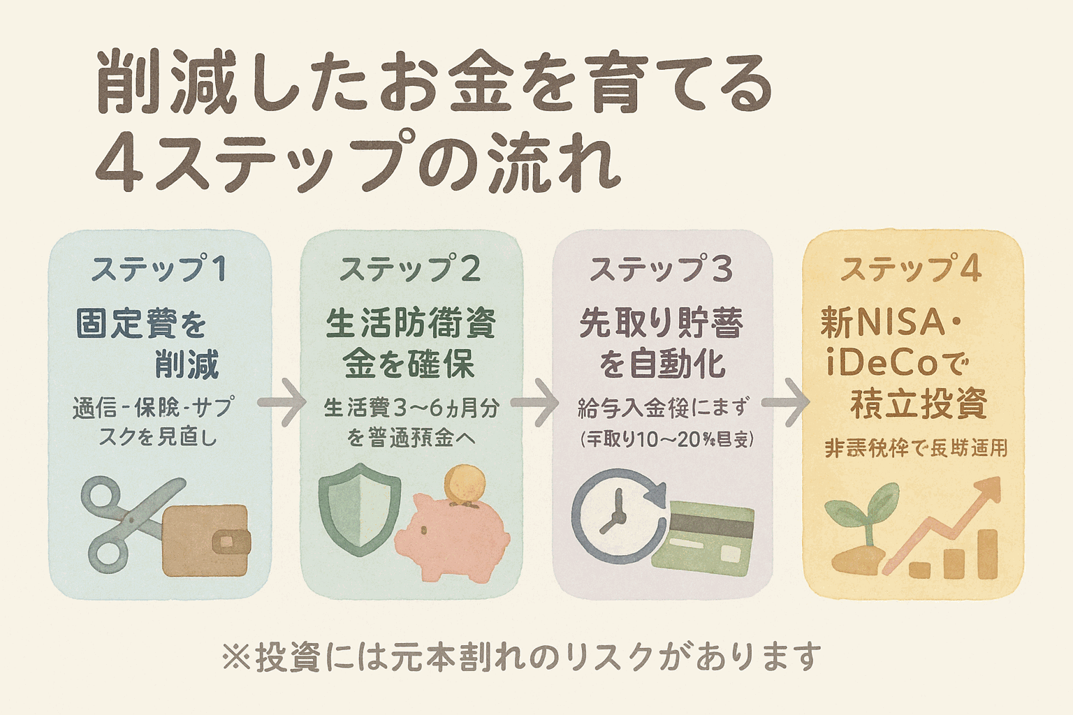 削減したお金を育てる4ステップの流れ:固定費削減→生活防衛資金→先取り貯蓄自動化→新NISAリideCo積立投資