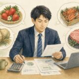 電卓と書類を確認しながら返礼品（いちご・米・海鮮・肉）を選ぶスーツ姿の会社員のフラットイラスト