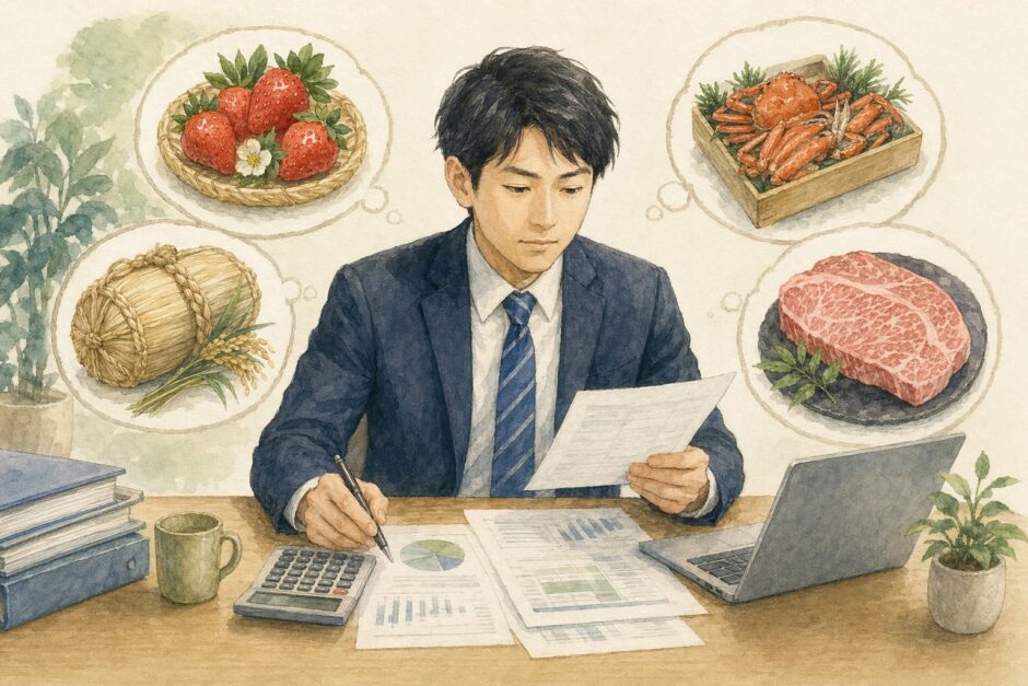 電卓と書類を確認しながら返礼品（いちご・米・海鮮・肉）を選ぶスーツ姿の会社員のフラットイラスト