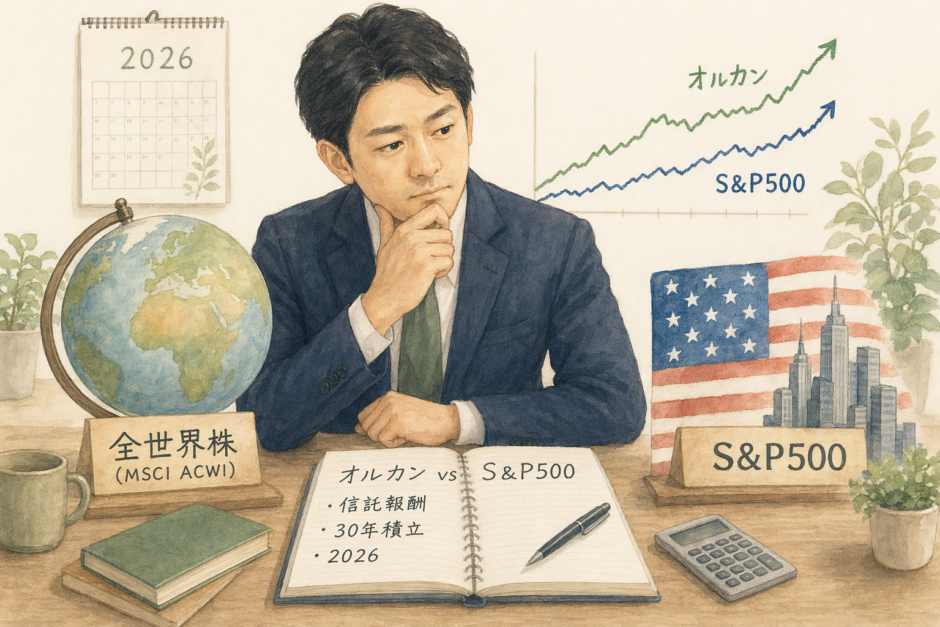 全世界株とS&P500を比較する会社員のイラスト。左に地球儀(全世界株/MSCI ACWI)、右に米国旗と摩天楼(S&P500)、上昇チャート2本、ノートにオルカンvsS&P500/信託報酬/30年積立/2026