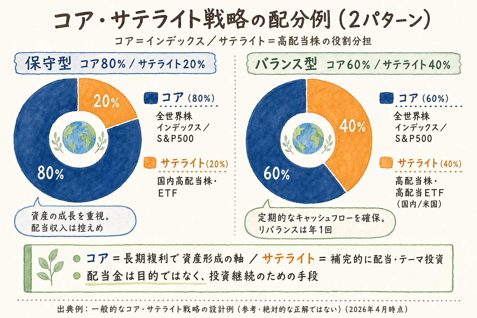 コアをインデックスファンド、サテライトを高配当株とした資産配分比率の例示（2パターンの円グラフ）