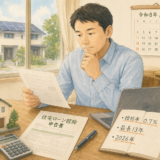 住宅ローン控除2026年版について夫婦・会社員が書類と電卓で確認するイラスト。ノートに『控除率0.7%』『最長13年』『2026年』、カレンダーは令和8年/2026