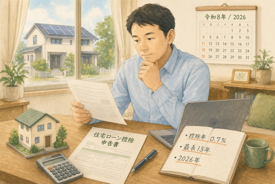 住宅ローン控除2026年版について夫婦・会社員が書類と電卓で確認するイラスト。ノートに『控除率0.7%』『最長13年』『2026年』、カレンダーは令和8年/2026