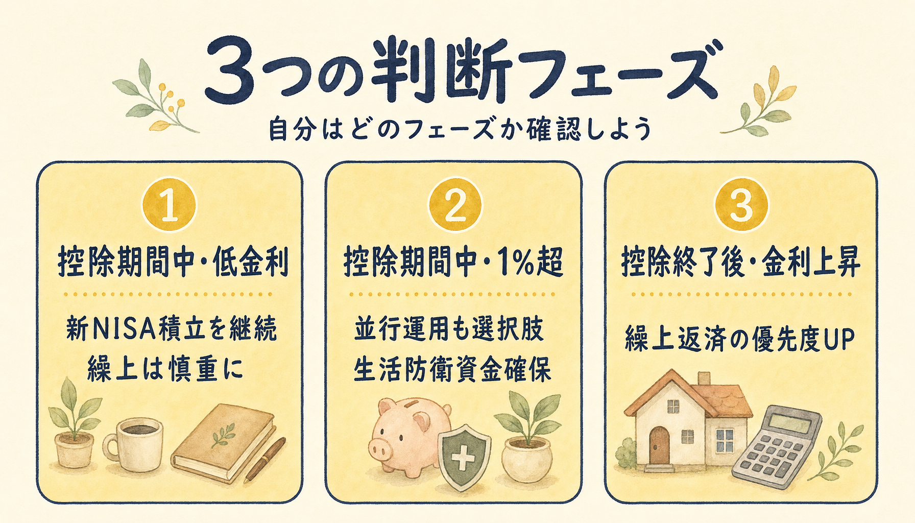 住宅ローン控除期間中・低金利、控除期間中・1%超、控除終了後・金利上昇の3フェーズと各フェーズの推奨アクションを示した比較カード図