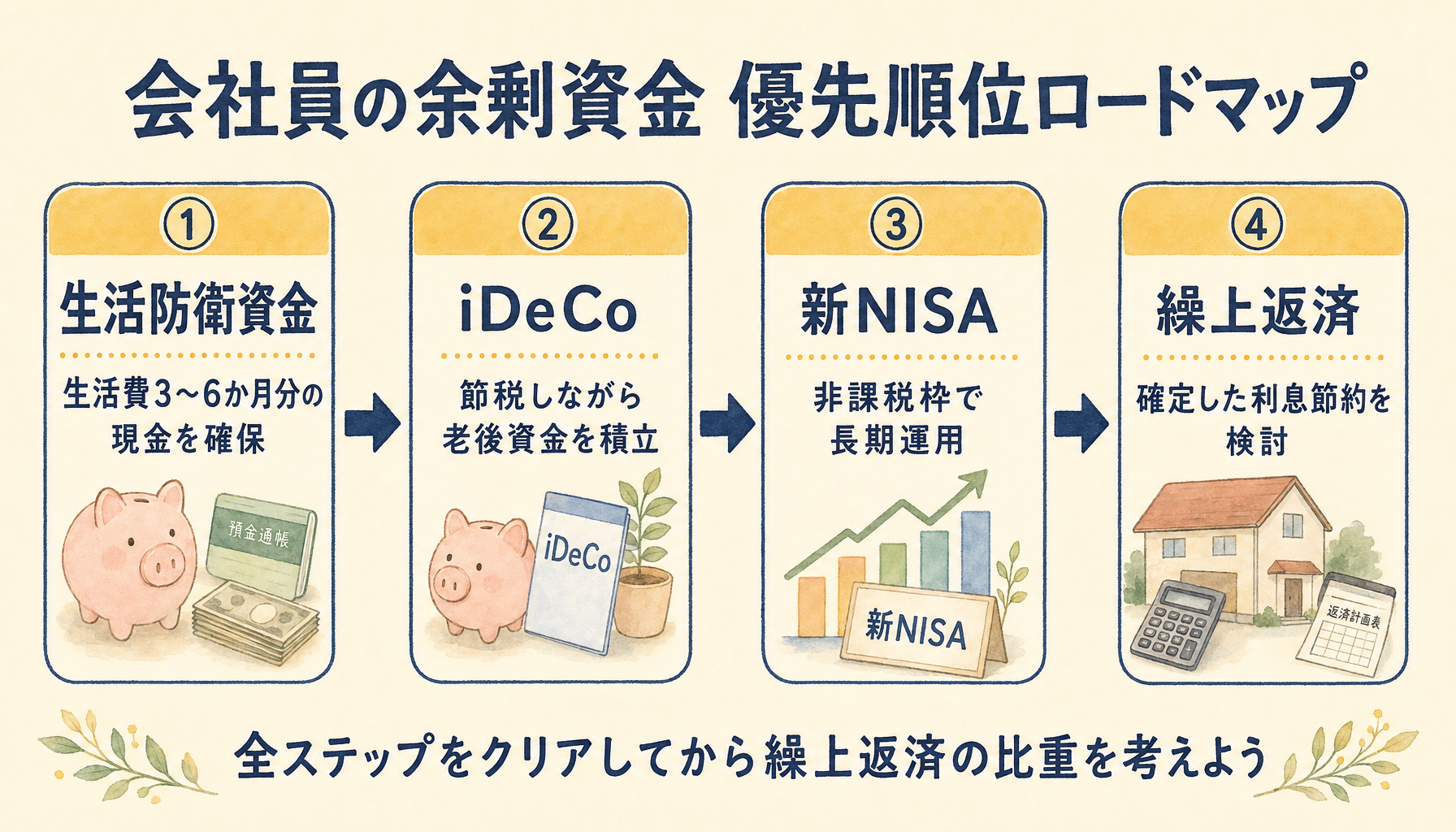 会社員の余剰資金の優先順位ロードマップ。生活防衛資金→iDeCo→新NISA→繰上返済の4ステップを左から右に並べたフロー図