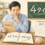 iDeCo上限引き上げで老後資金の積立計画を見直す会社員のイラスト。ノートに『月2.3万円→月6.2万円』、カレンダーに『2027.1』