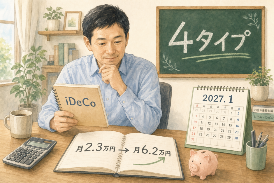 iDeCo上限引き上げで老後資金の積立計画を見直す会社員のイラスト。ノートに『月2.3万円→月6.2万円』、カレンダーに『2027.1』