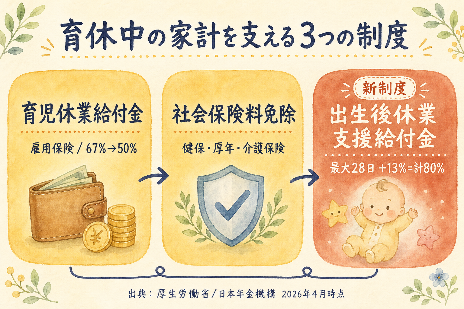 育休中の家計を支える3つの制度の全体像：育児休業給付金67%・出生後休業支援給付金+13%・社会保険料免除の3カード構造図