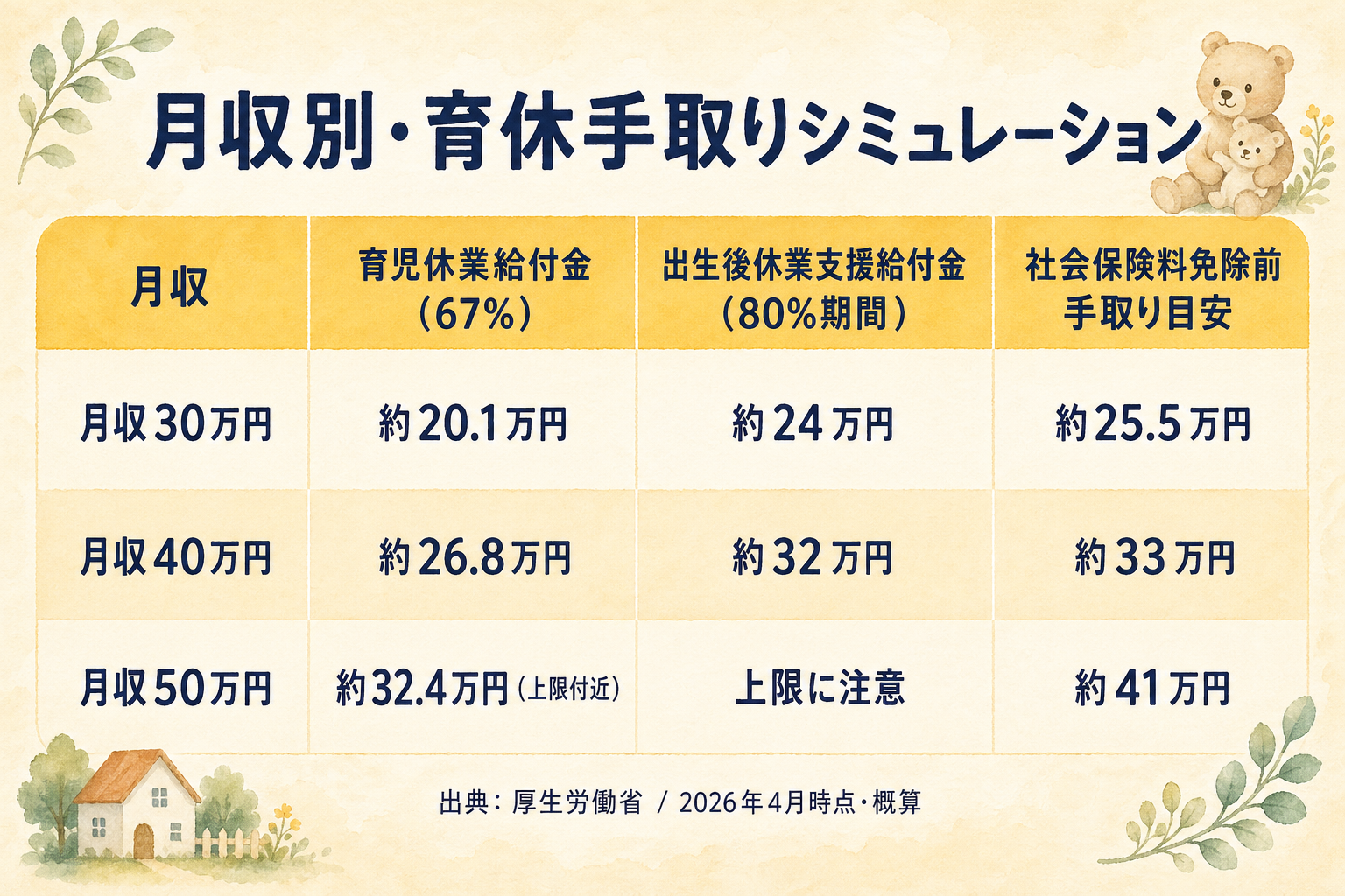 月収30万・40万・50万円別の育休手取りシミュレーション表（育児休業給付金67%・80%・社会保険料免除ありの2026年試算）