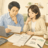 2026年の年収の壁変更について夫婦が一緒に書類と電卓で確認するイラスト。ノートに『103万→178万』『130万』、カレンダーに『2026.4』『2026.10』