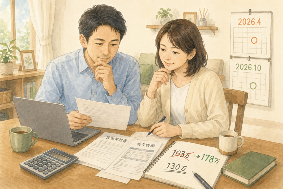 2026年の年収の壁変更について夫婦が一緒に書類と電卓で確認するイラスト。ノートに『103万→178万』『130万』、カレンダーに『2026.4』『2026.10』