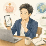 自宅で投資アプリを確認しながらインデックス投資の計画を立てる会社員のイラスト