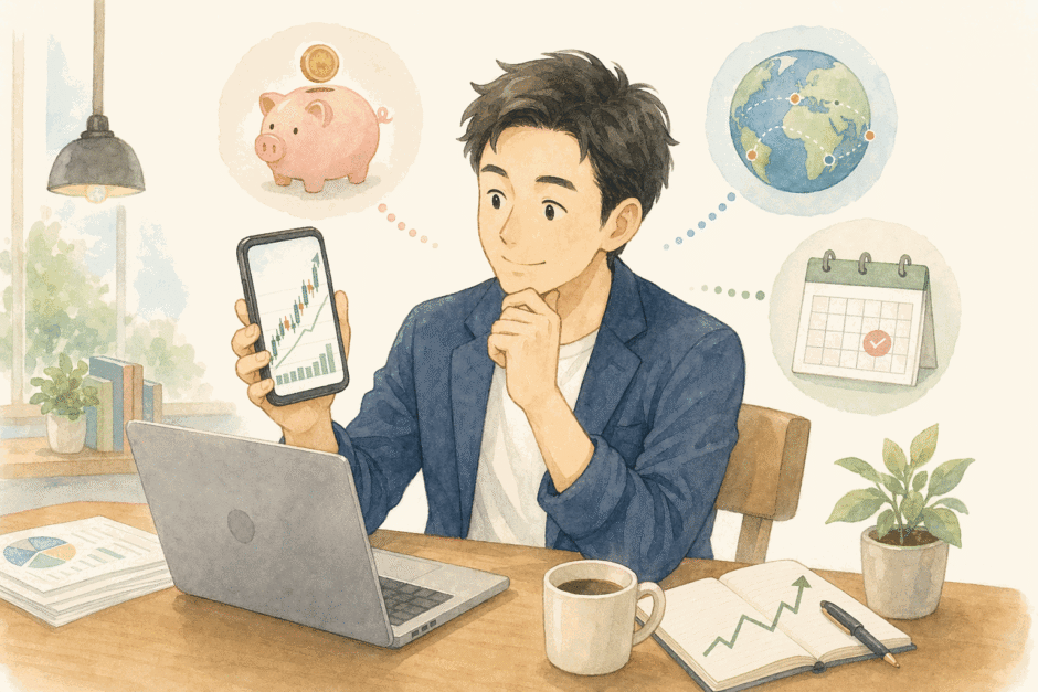 自宅で投資アプリを確認しながらインデックス投資の計画を立てる会社員のイラスト