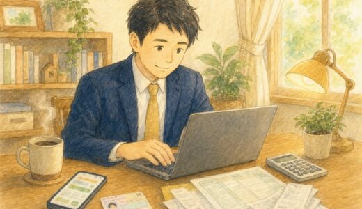 自宅の木目デスクでe-Tax確定申告を進める紺スーツの会社員男性。机上にスマホ・マイナンバーカード・書類・電卓・コーヒーカップが並ぶ水彩タッチの温かみあるイラスト