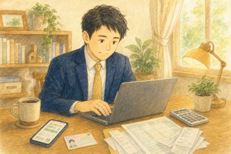 自宅の木目デスクでe-Tax確定申告を進める紺スーツの会社員男性。机上にスマホ・マイナンバーカード・書類・電卓・コーヒーカップが並ぶ水彩タッチの温かみあるイラスト