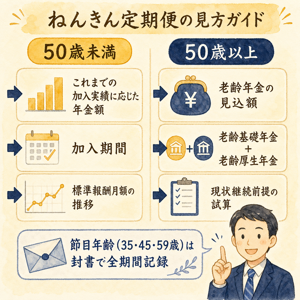 ねんきん定期便の構成と50歳未満・50歳以上の違いを示したフロー図