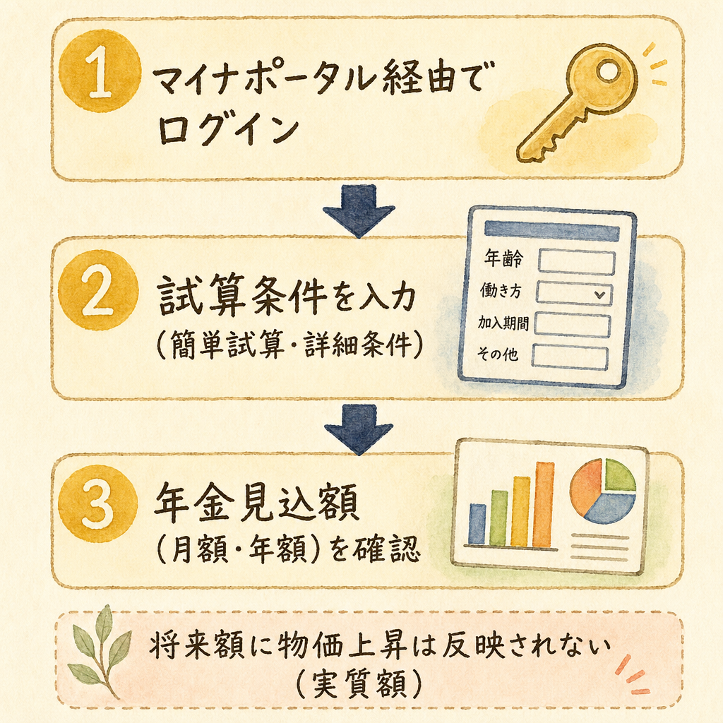 ねんきんネットの年金見込額試算手順を示すステップ図
