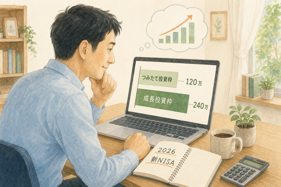 新NISA成長投資枠とつみたて投資枠の使い分けを検討する会社員のイラスト。ノートPCに『120万』『240万』の比較が表示