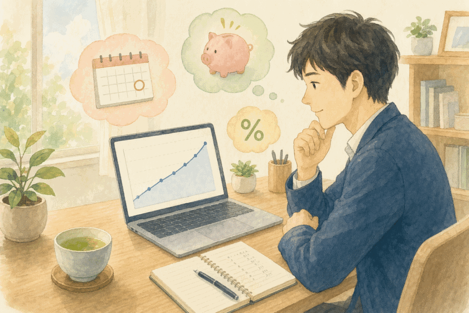 ノートパソコンで積立設定の画面を見ながら資産形成の計画を立てる落ち着いた雰囲気の会社員のイラスト