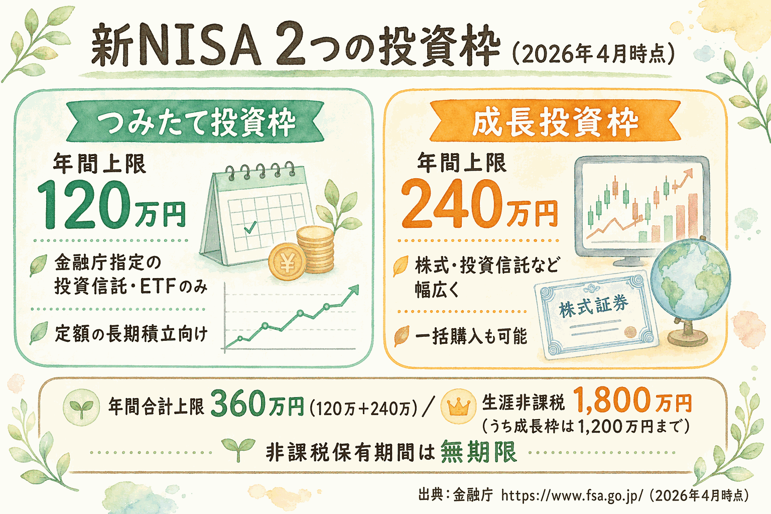 つみたて投資枠(定額・長期積立向け)と成長投資枠(幅広い商品・一括購入も可)の2つの投資枠を左右に並べて比較したイラスト