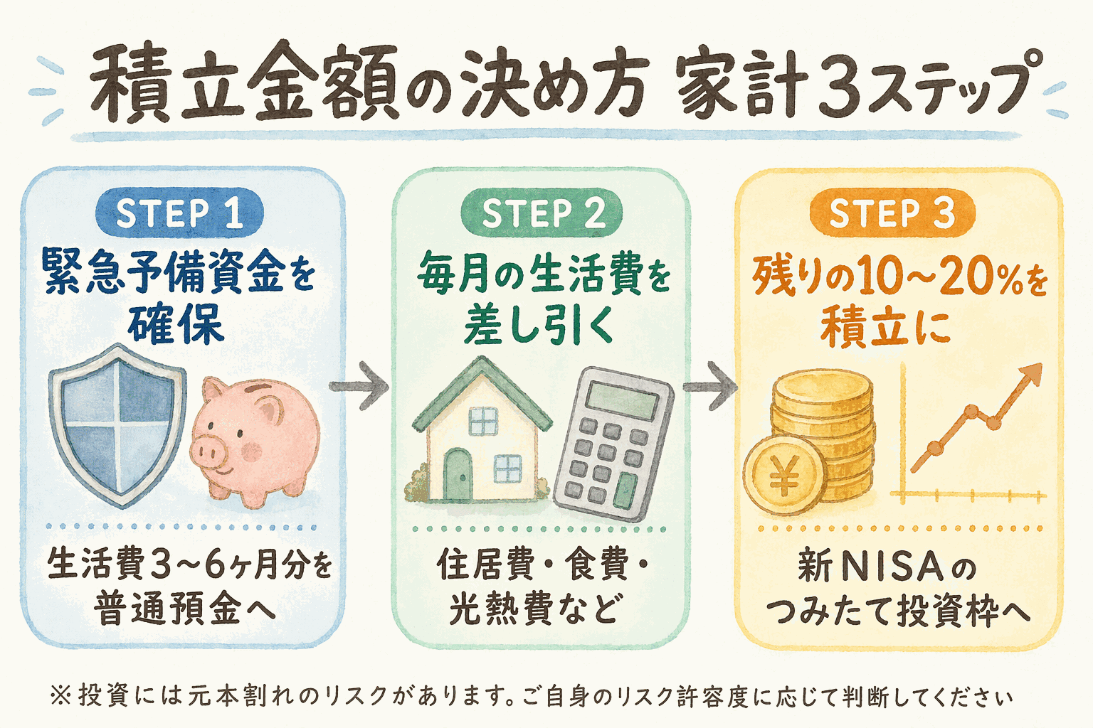 緊急予備資金の確保・生活費の差し引き・残りの10〜20%を積立に回す3ステップのフロー図