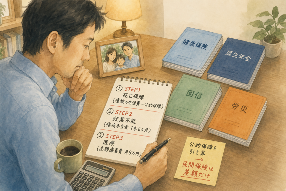 机で保険見直しの3ステップを書き出す会社員のイラスト。ノートに『STEP1死亡保障/STEP2就業不能/STEP3医療』を手書き、机上には健康保険/厚生年金/団信/労災の4層公的保障を示す書類、付箋『公的保障を引き算→民間保険は差額だけ』