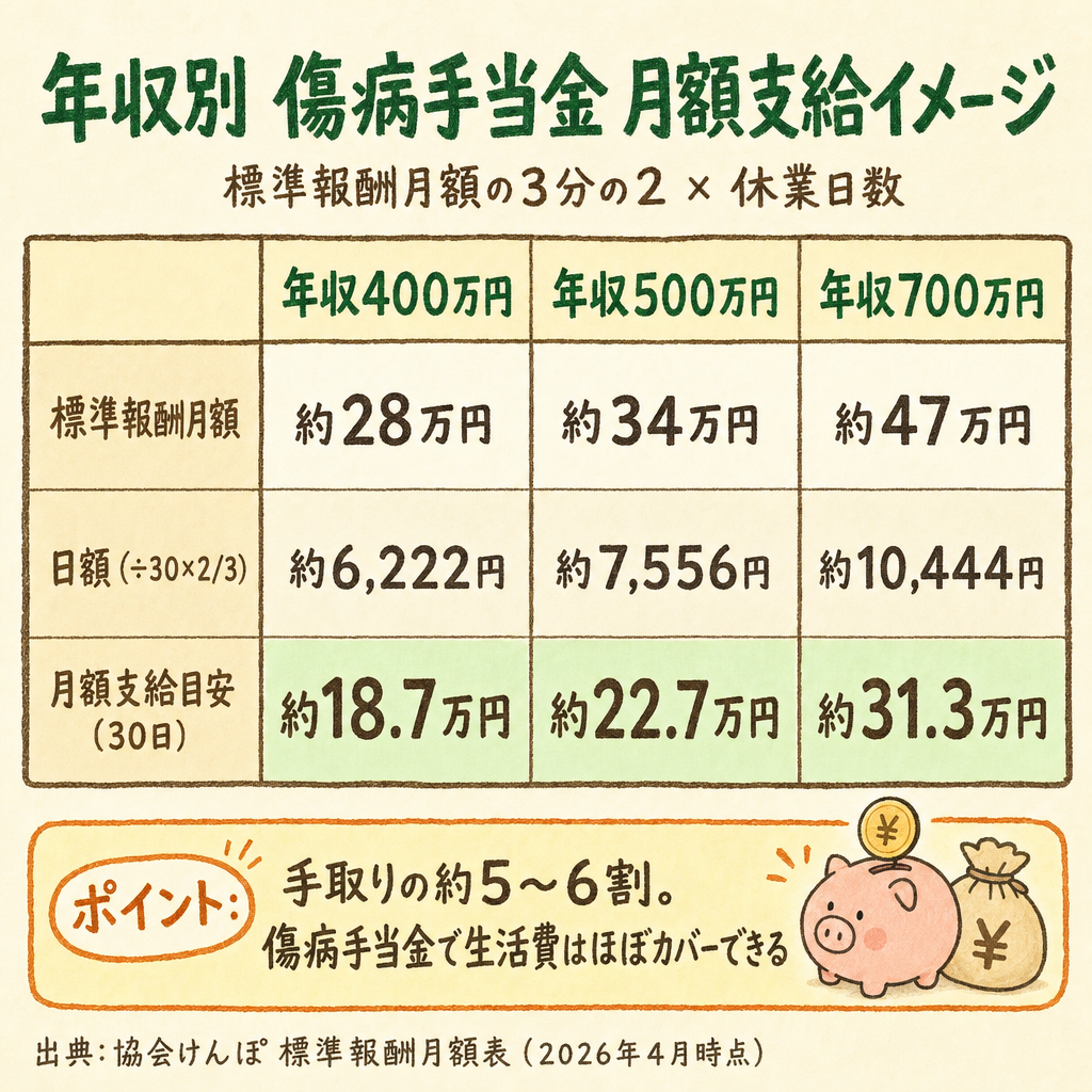 年収400万・500万・700万円別に標準報酬月額・日額・月額支給目安を示した傷病手当金の試算表