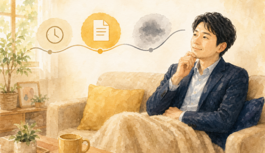 紺スーツの会社員がソファで休みながら公的給付の時系列（待機・傷病手当金・空白）を表すアイコン付き曲線を見上げている水彩イラスト