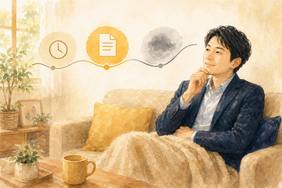 紺スーツの会社員がソファで休みながら公的給付の時系列（待機・傷病手当金・空白）を表すアイコン付き曲線を見上げている水彩イラスト