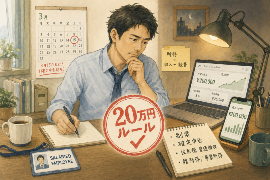 副業の20万円ルールを確認する会社員のイラスト。机上にSALARIED EMPLOYEE社員証・ノートPCのフリーランスダッシュボード¥200,000・スマホ・所得=収入-経費の付箋・3月15日を赤丸で囲んだカレンダー、中央に大きな赤い丸印『20万円ルール✓』