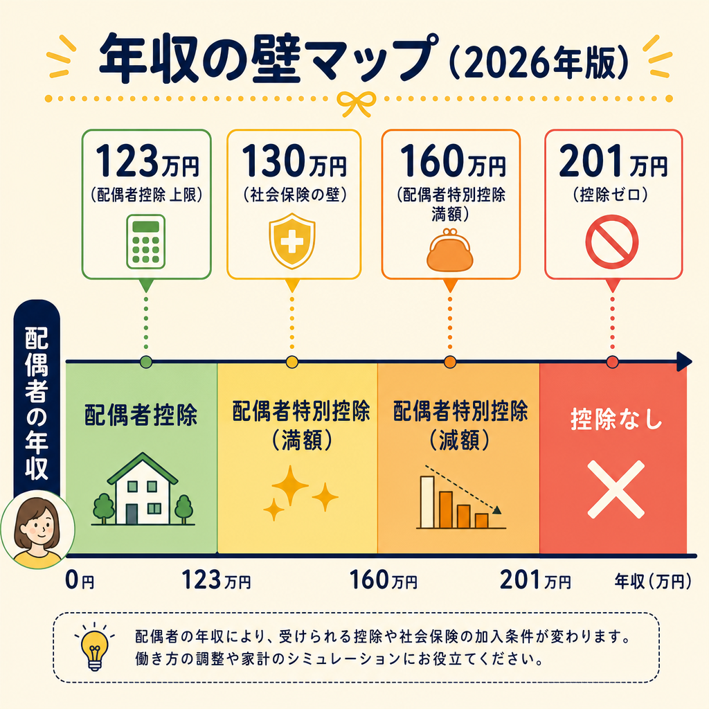 年収の壁マップ：配偶者の年収と税・社保の壁を一覧化した図解