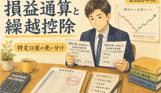 特定口座の損益通算と繰越控除の仕組みを会社員向けに解説するアイキャッチ