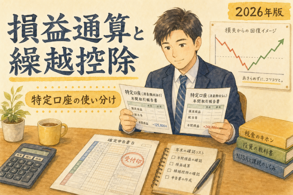 特定口座の損益通算と繰越控除の仕組みを会社員向けに解説するアイキャッチ