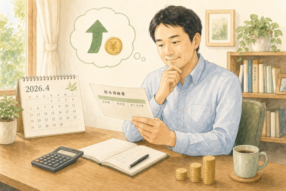 令和8年度税制改正で手取り増を見込む会社員が給与明細を確認するイラスト。机にはカレンダー（2026.4）・電卓・コイン