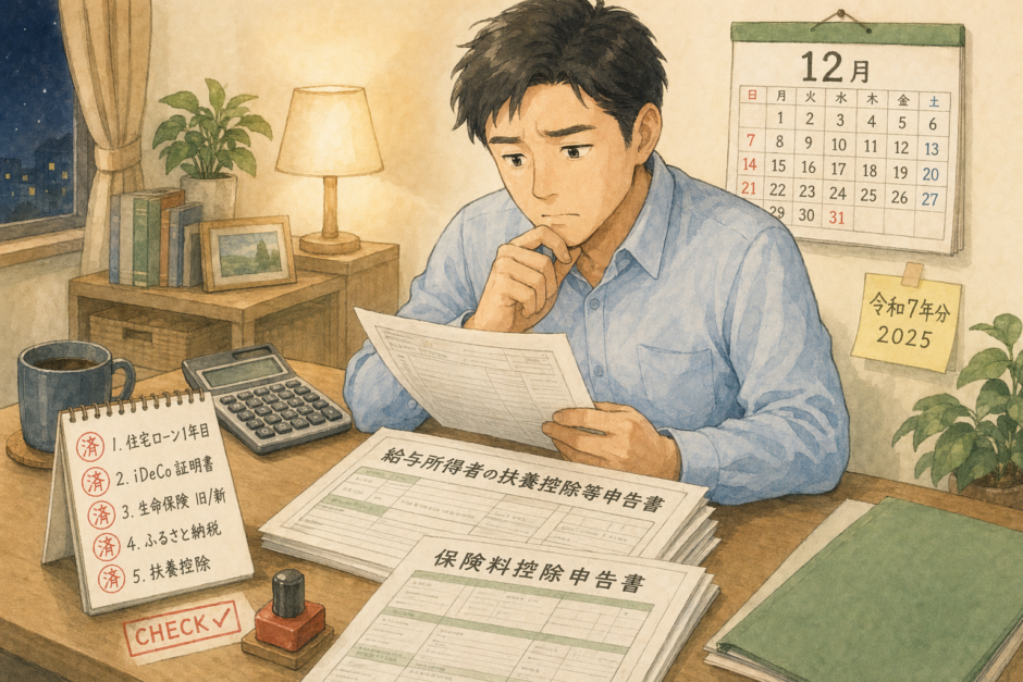 年末調整2025年分のよくあるミスをチェックする会社員のイラスト。机上に扶養控除等申告書・保険料控除申告書、済印付き5項目チェックリスト、12月カレンダー、令和7年分/2025 付箋