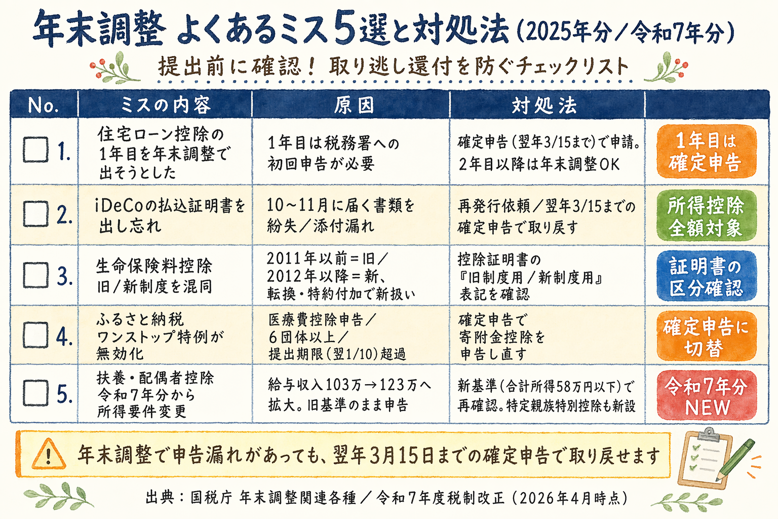 年末調整 よくあるミス5選 チェックリスト