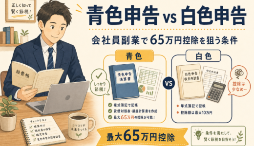 副業会社員が青色申告と白色申告を比較する場面。帳簿とPCを前に65万円控除の条件を確認している