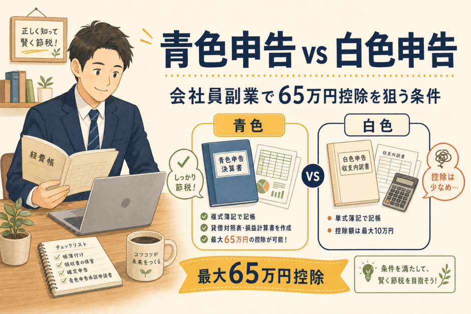 副業会社員が青色申告と白色申告を比較する場面。帳簿とPCを前に65万円控除の条件を確認している