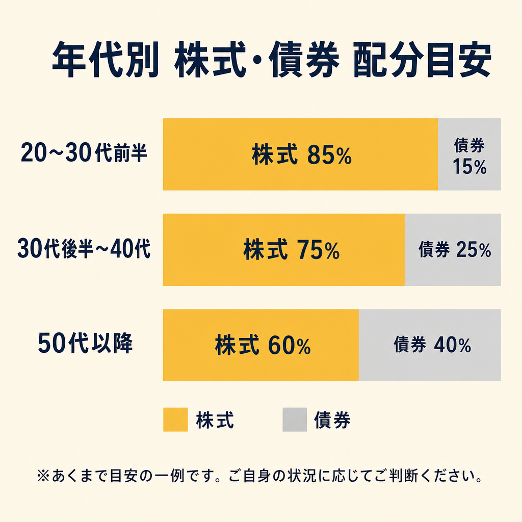 年代別の株式・債券配分目安を示した図解