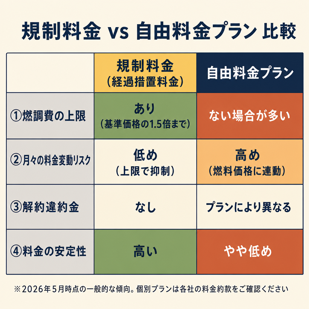 規制料金と自由料金プランの比較表（燃調費上限・料金変動リスク・解約違約金・補償制度）
