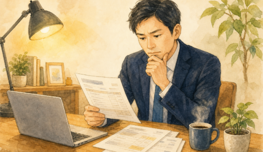 請求書とノートPCを前に「インボイス登録どうしよう」と考える紺スーツの会社員のイラスト