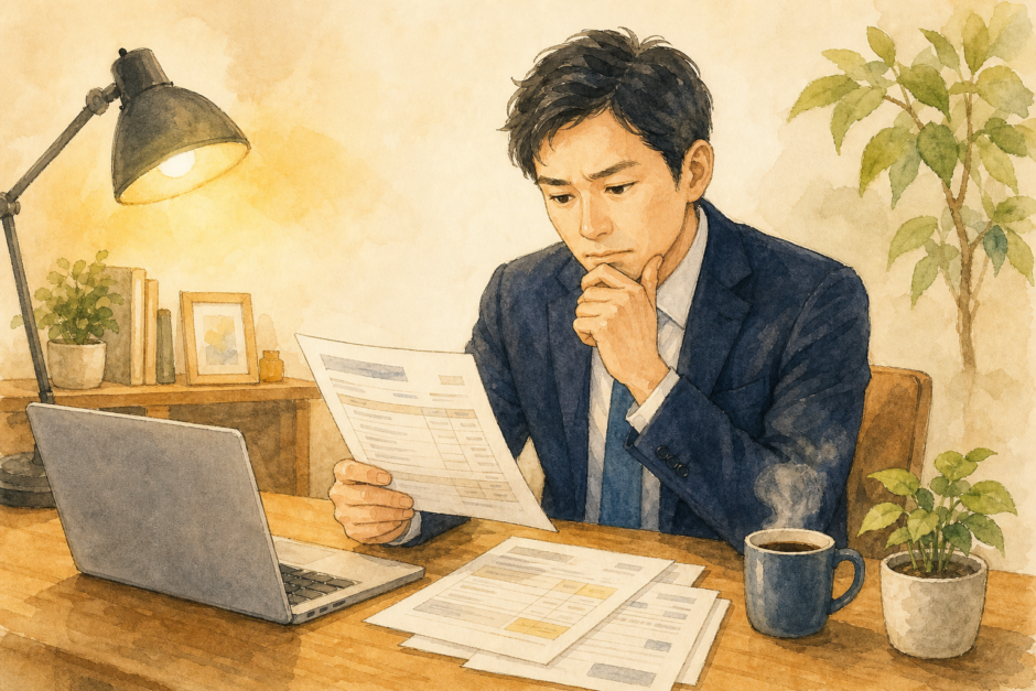 請求書とノートPCを前に「インボイス登録どうしよう」と考える紺スーツの会社員のイラスト